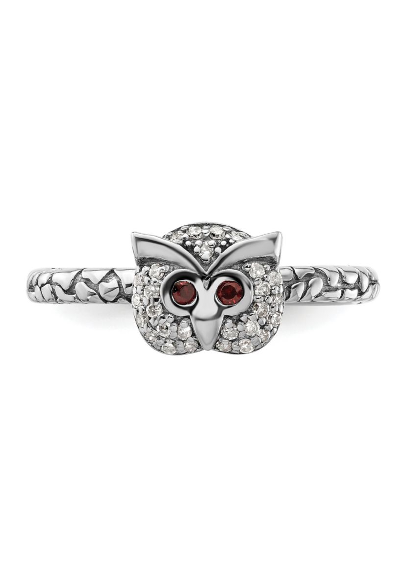 0.036 ct. t.w. Garnet and 1/8 ct. t.w. Diamond Stackable Expressions Owl Ring in Sterling Silver