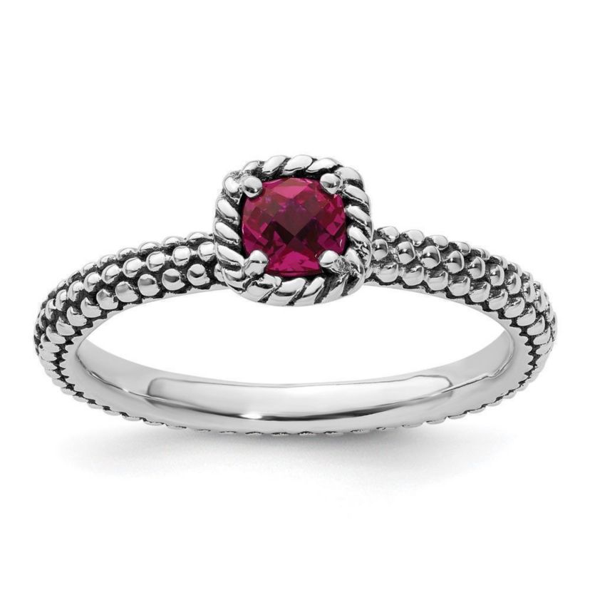 Lab Created 1/3 ct. t.w. Checker-cut Created Ruby Antiqued Stackable Expressions Ring in Sterling Silver
