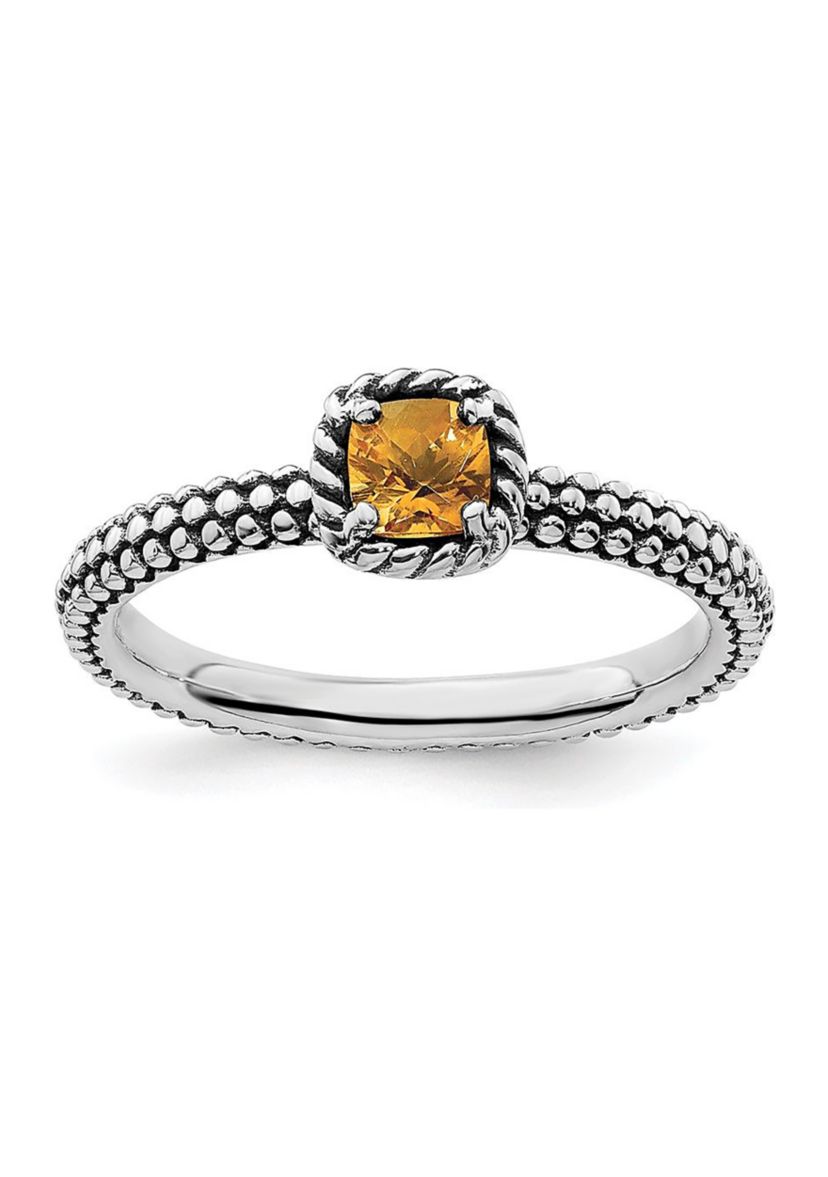 1/5 ct. t.w. Checker-cut Citrine Antiqued Stackable Expressions Ring in Sterling Silver