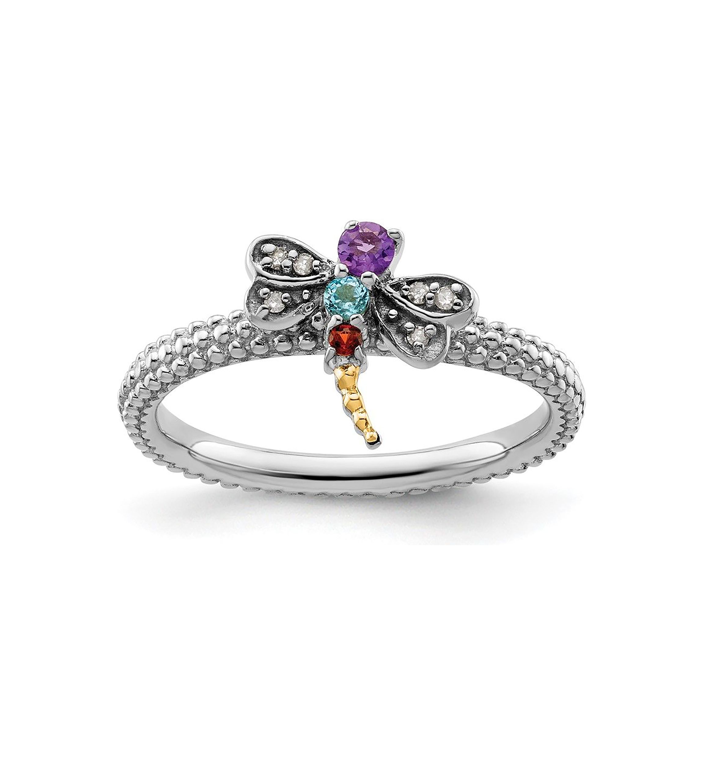 1/10 ct. t.w. Gemstone and 0.03 ct. t.w. Diamond Stackable Expressions Dragonfly Ring in Sterling Silver and 14K Gold