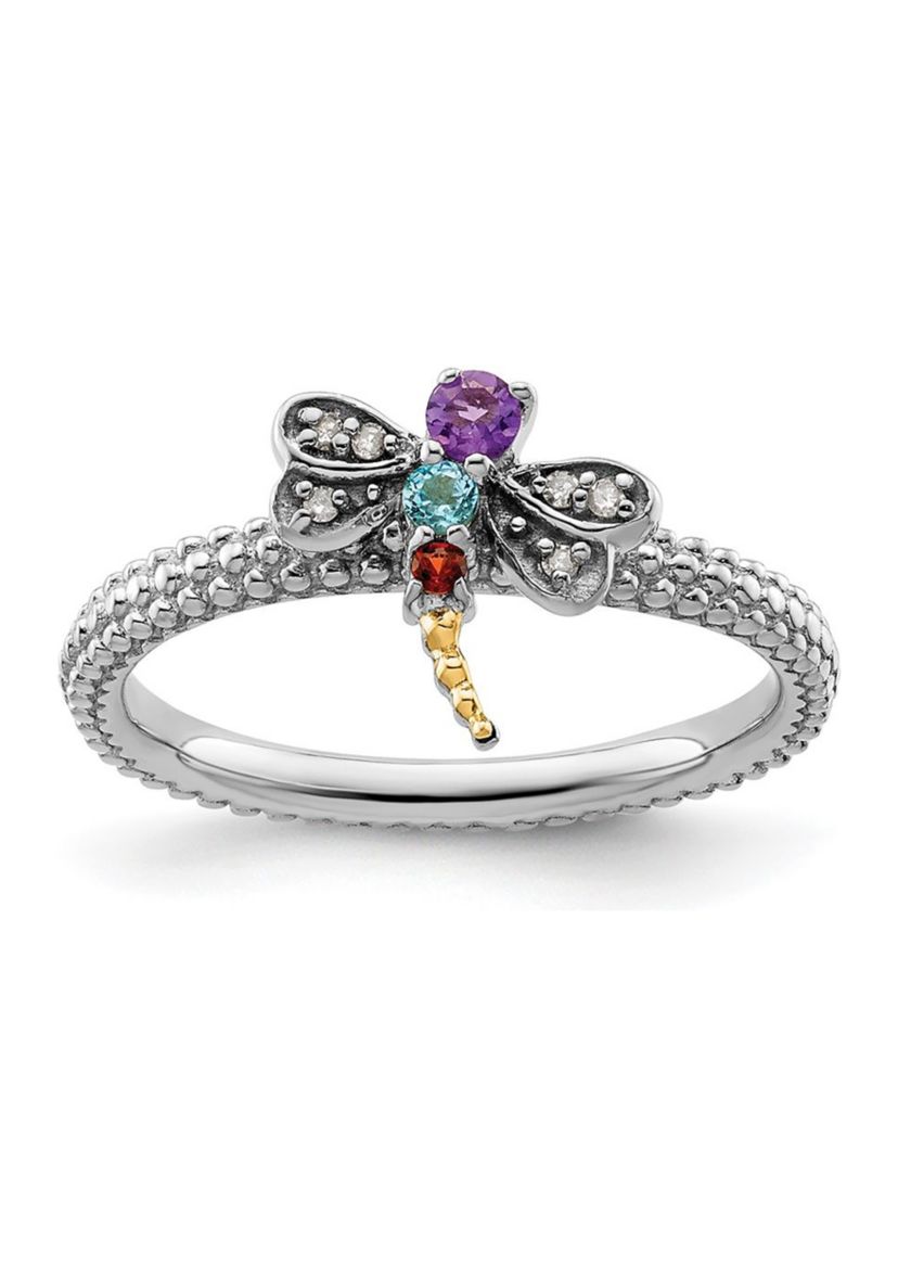 1/10 ct. t.w. Gemstone and 0.03 ct. t.w. Diamond Stackable Expressions Dragonfly Ring in Sterling Silver and 14K Gold