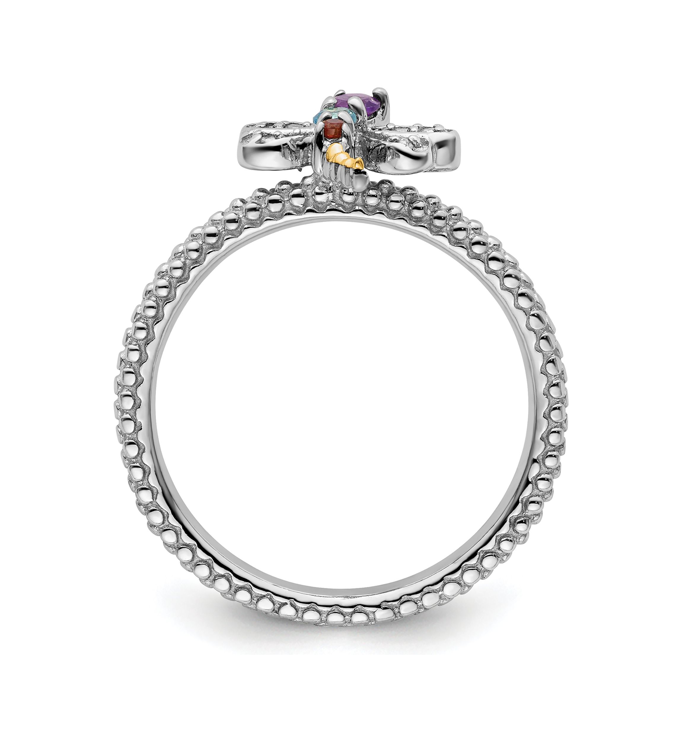 1/10 ct. t.w. Gemstone and 0.03 ct. t.w. Diamond Stackable Expressions Dragonfly Ring in Sterling Silver and 14K Gold