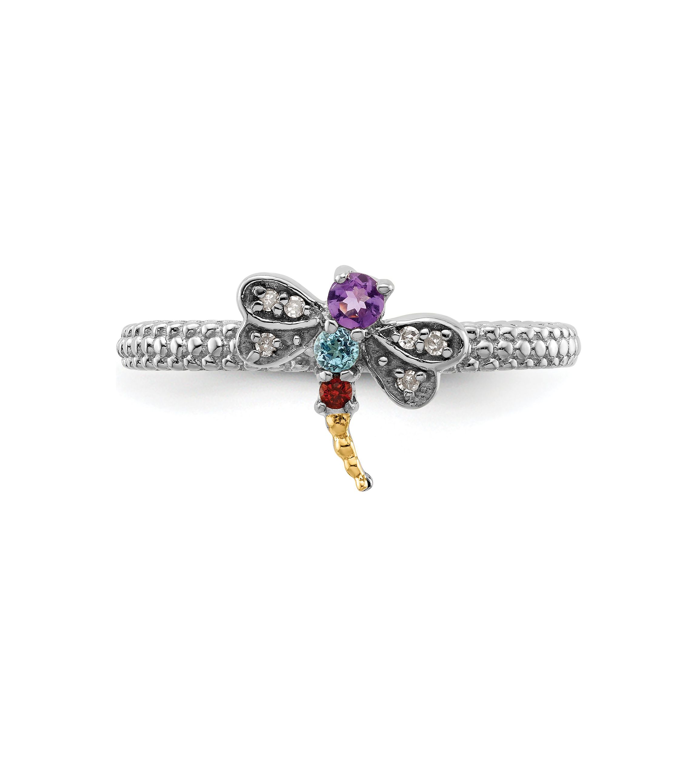 1/10 ct. t.w. Gemstone and 0.03 ct. t.w. Diamond Stackable Expressions Dragonfly Ring in Sterling Silver and 14K Gold