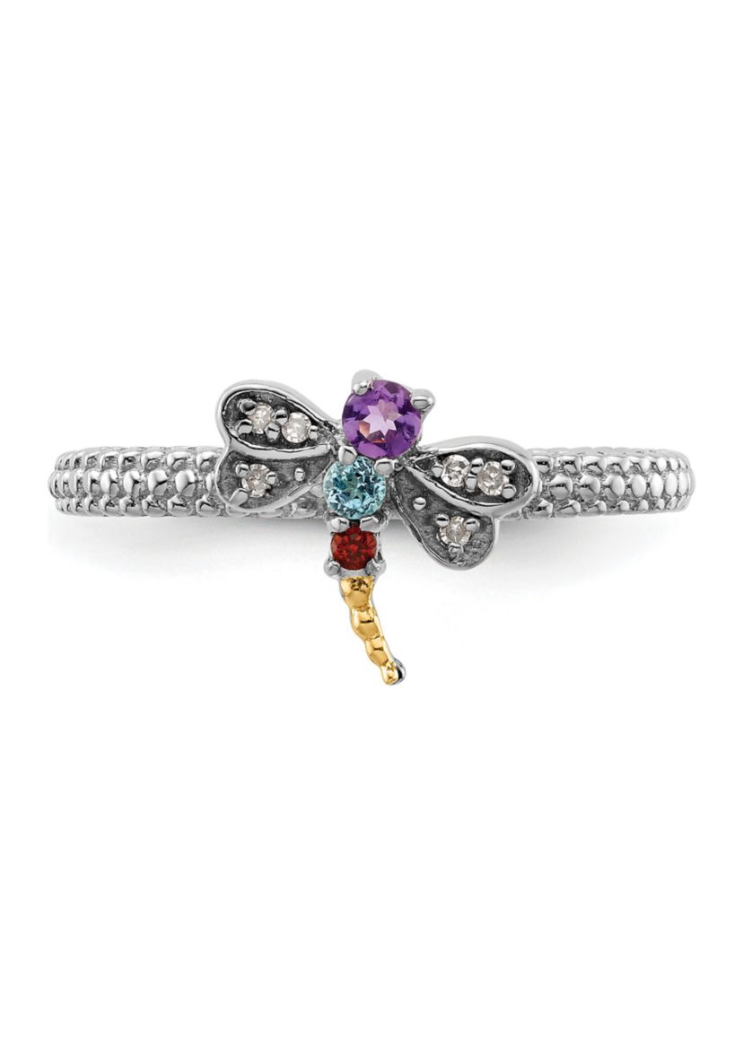 1/10 ct. t.w. Gemstone and 0.03 ct. t.w. Diamond Stackable Expressions Dragonfly Ring in Sterling Silver and 14K Gold