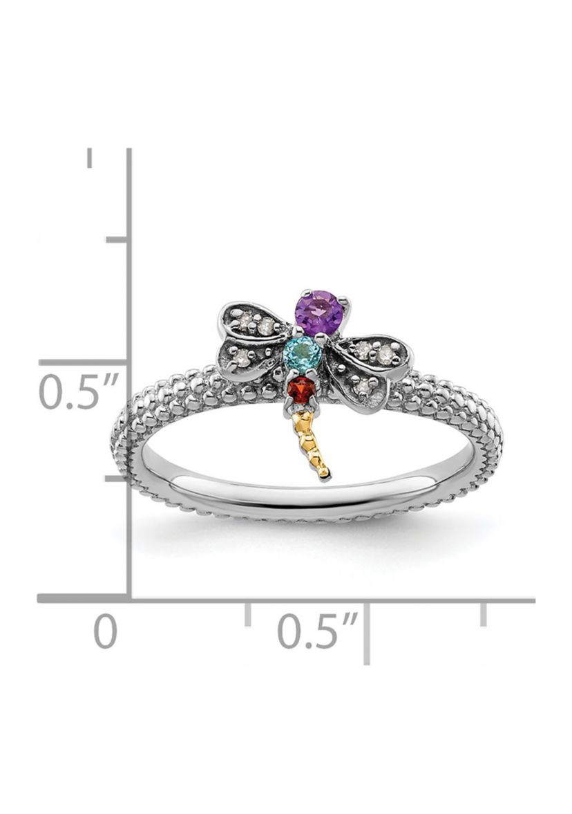 1/10 ct. t.w. Gemstone and 0.03 ct. t.w. Diamond Stackable Expressions Dragonfly Ring in Sterling Silver and 14K Gold