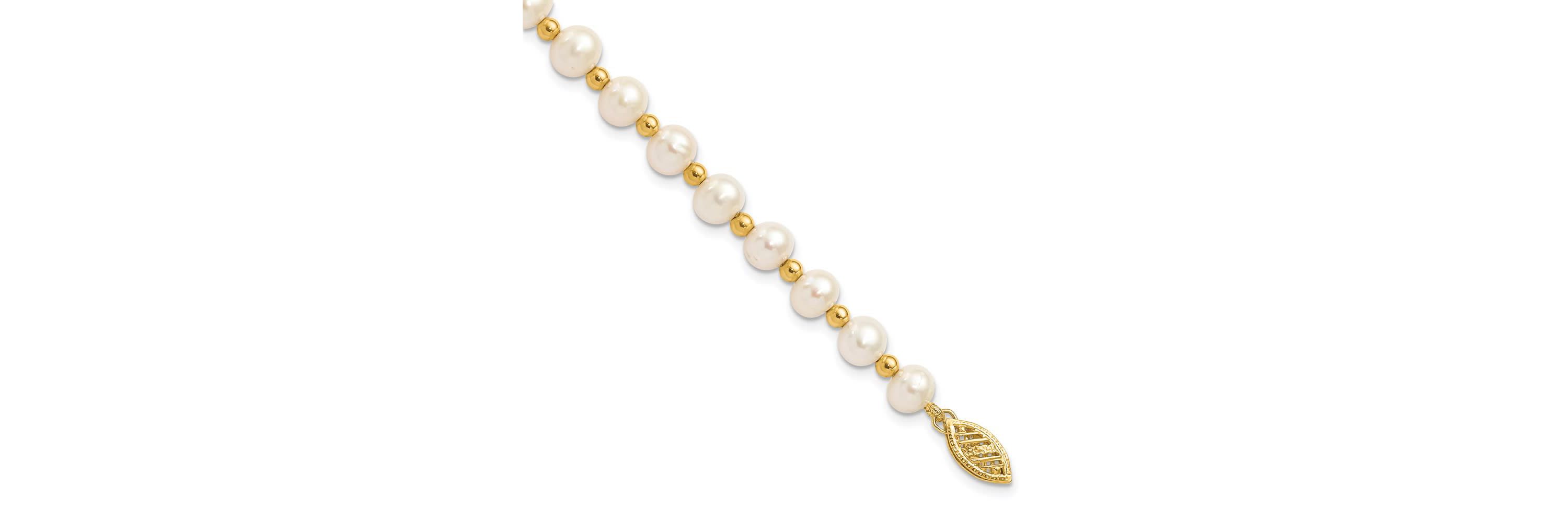14K Yellow Gold 6-7mm White Near Round Freshwater Cultured Pearl Bead Necklace