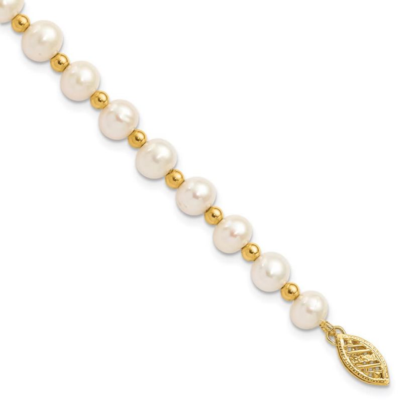 14K Yellow Gold 6-7mm White Near Round Freshwater Cultured Pearl Bead Necklace