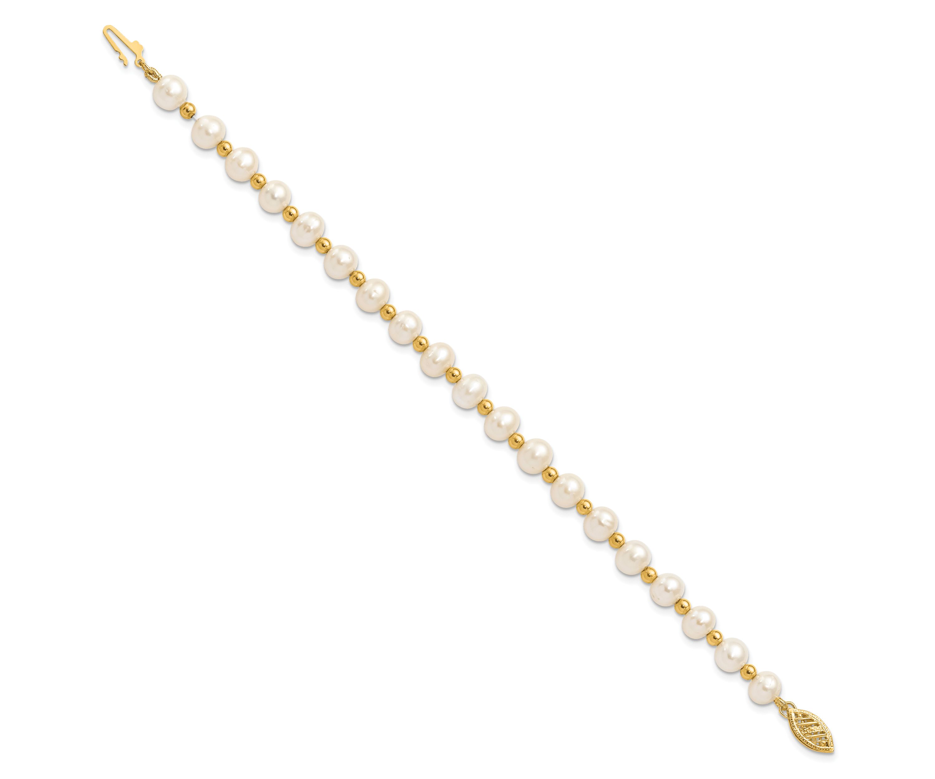 14K Yellow Gold 6-7mm White Near Round Freshwater Cultured Pearl Bead Necklace