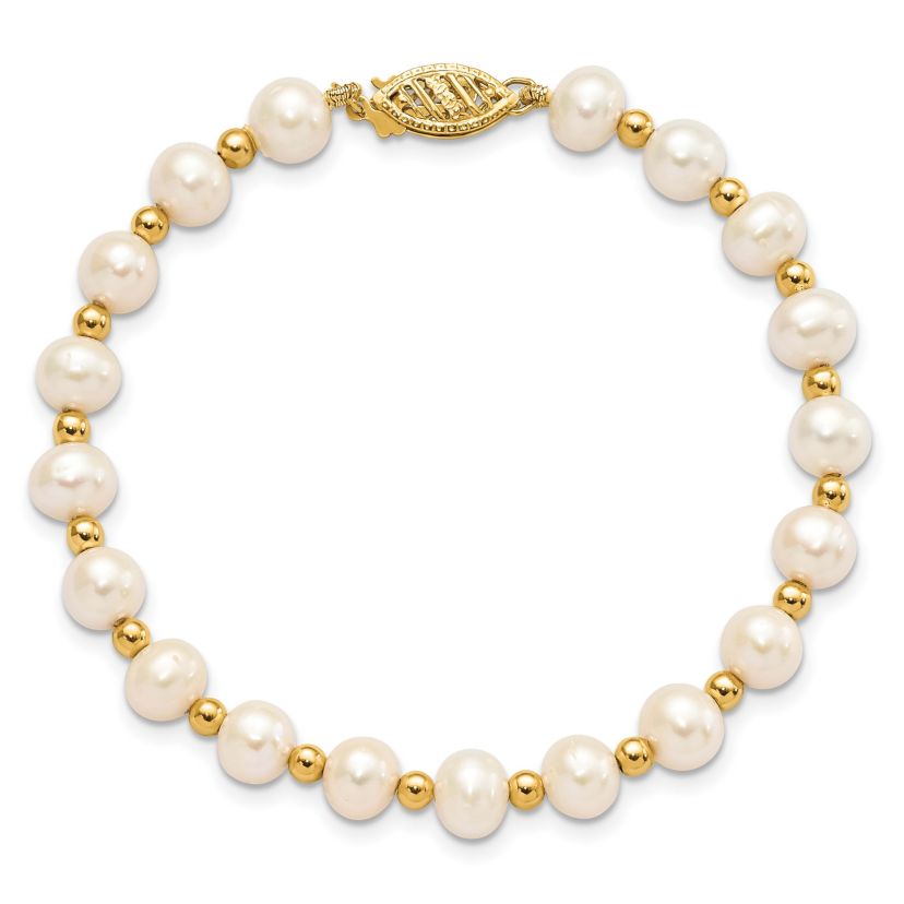 14K Yellow Gold 6-7mm White Near Round Freshwater Cultured Pearl Bead Necklace