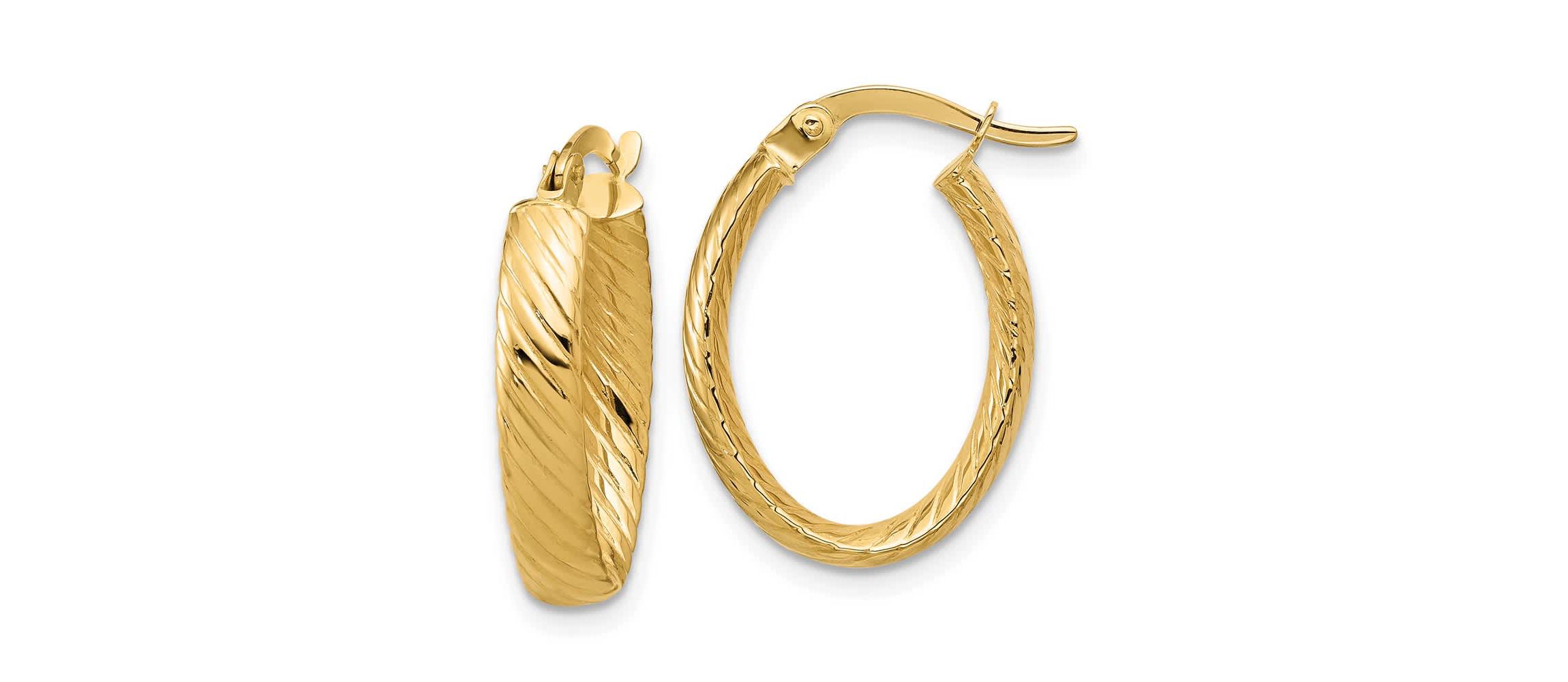 14K White Gold Polished and Grooved Oval Hoop Earrings