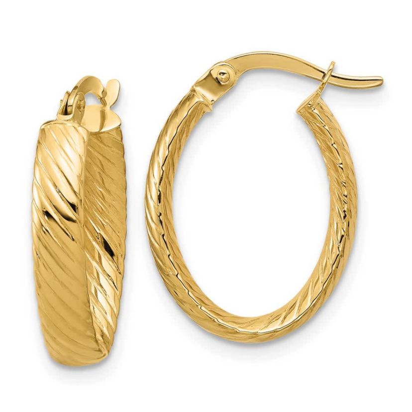 14K White Gold Polished and Grooved Oval Hoop Earrings