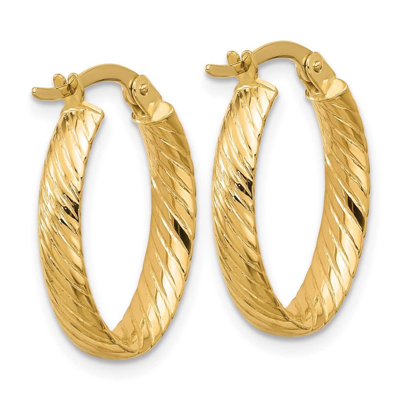 14K White Gold Polished and Grooved Oval Hoop Earrings
