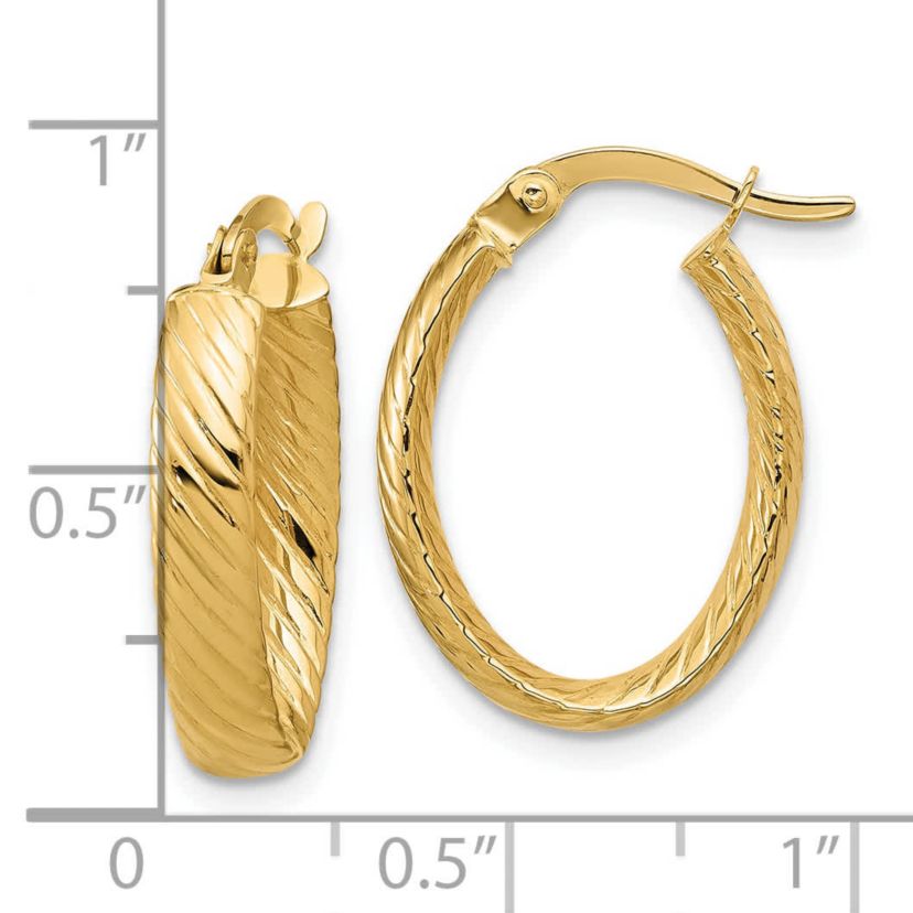 14K White Gold Polished and Grooved Oval Hoop Earrings