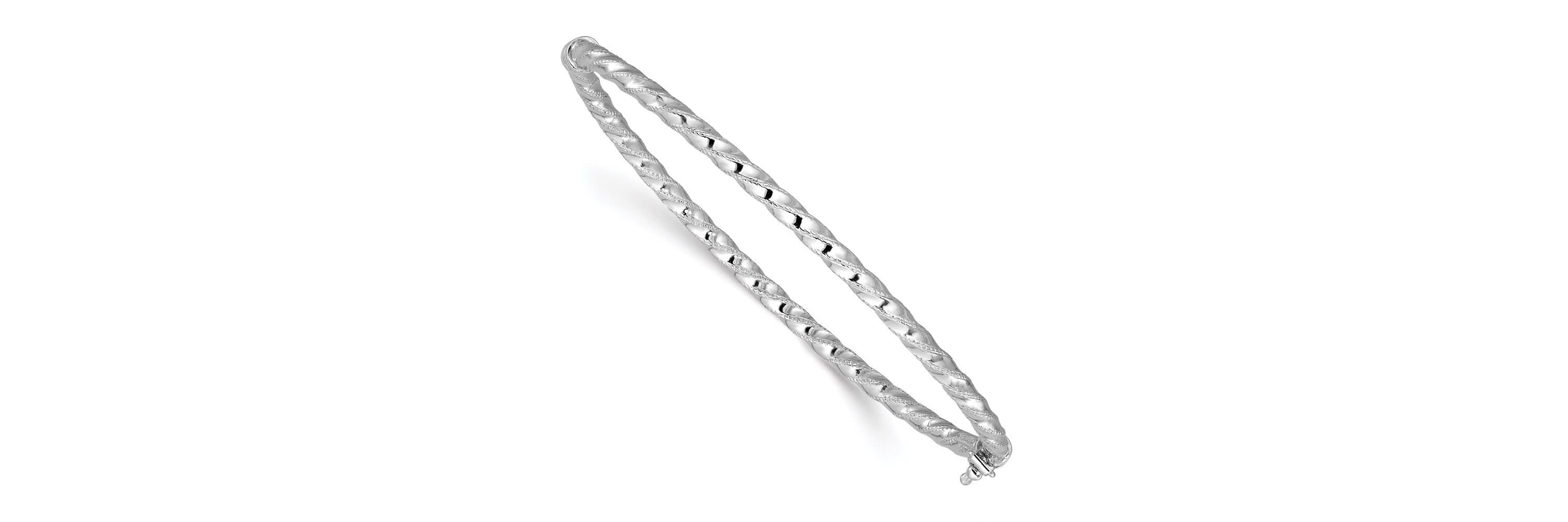 14K Yellow Gold Polished and Textured Twisted Hinged Bangle