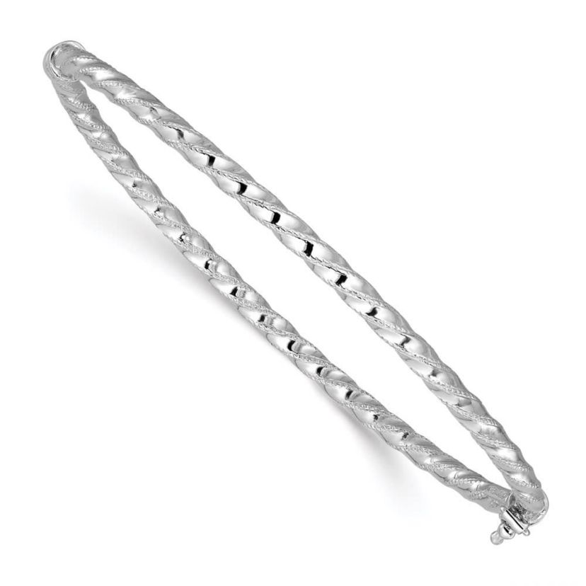 14K Yellow Gold Polished and Textured Twisted Hinged Bangle