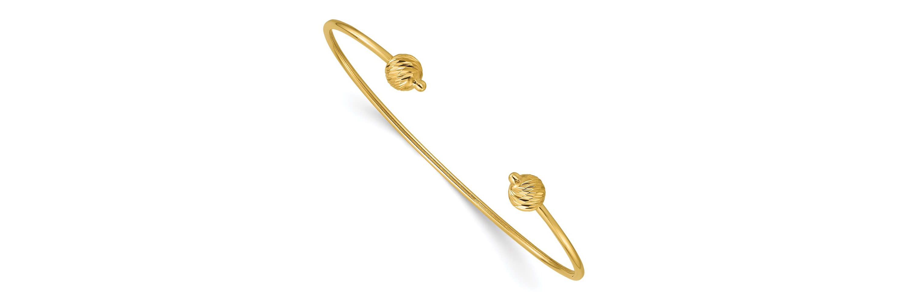 14K Yellow Gold Polished with Diamond-cut Beads Cuff Bangle