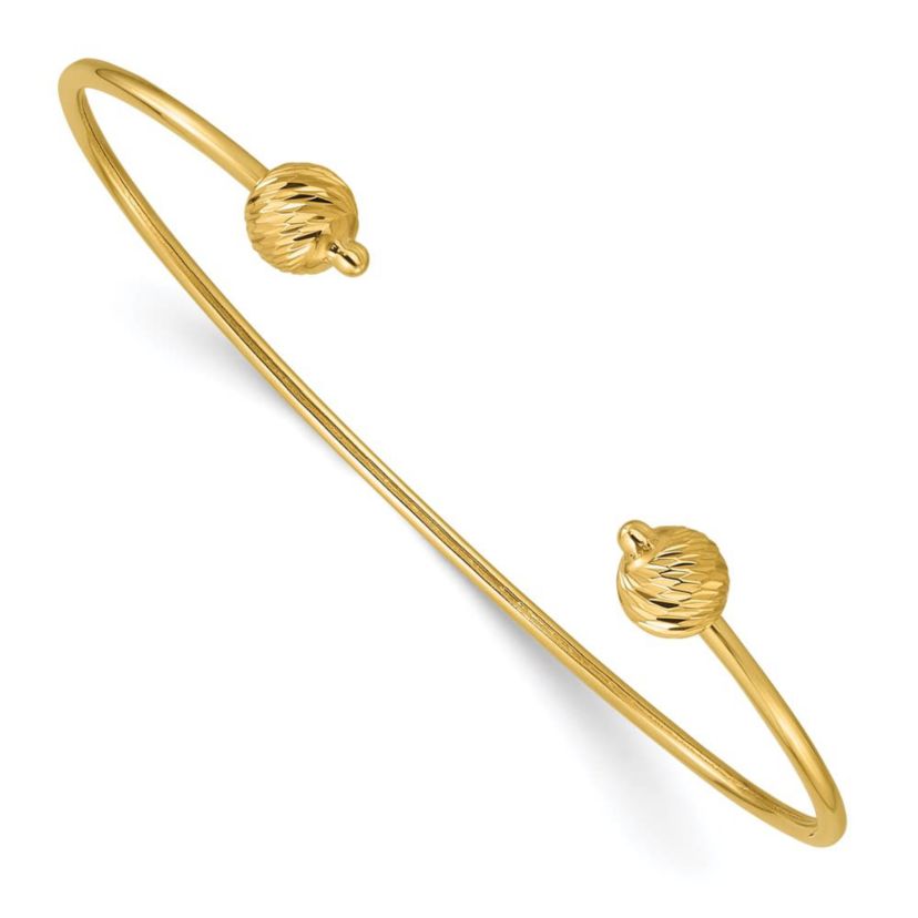 14K Yellow Gold Polished with Diamond-cut Beads Cuff Bangle