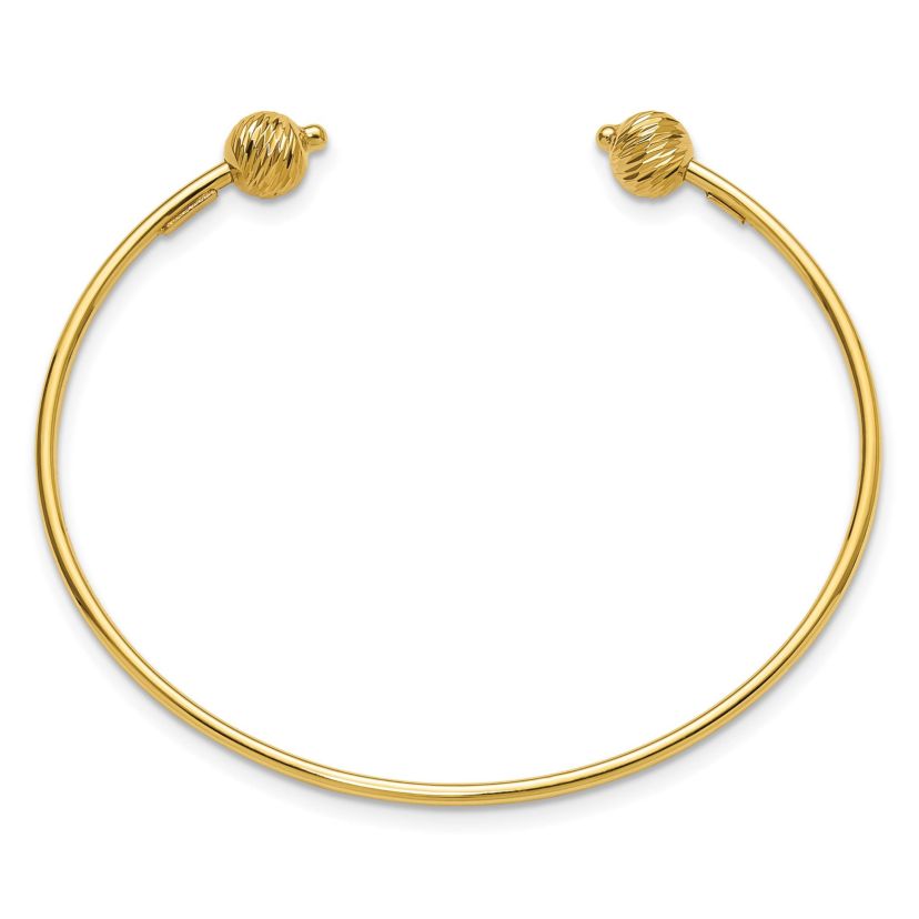 14K Yellow Gold Polished with Diamond-cut Beads Cuff Bangle