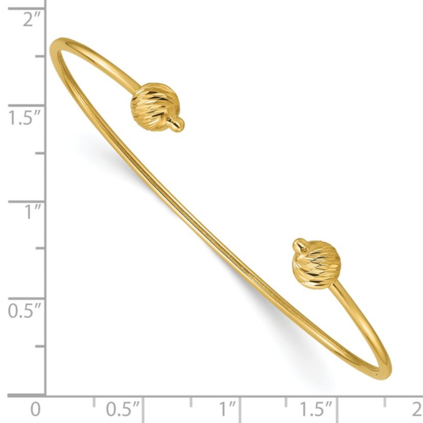 14K Yellow Gold Polished with Diamond-cut Beads Cuff Bangle