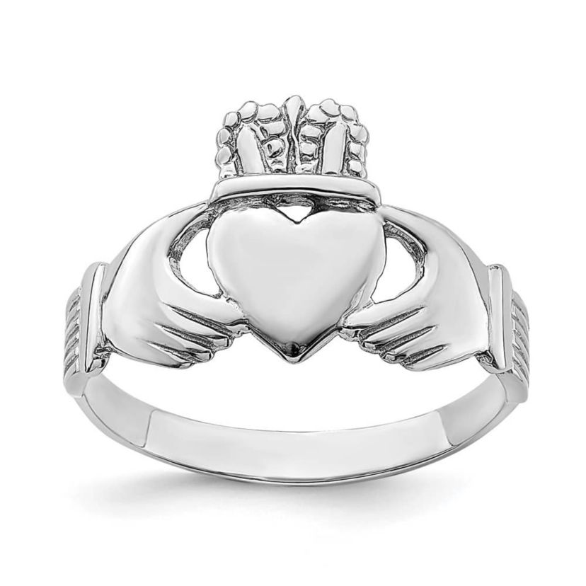 14K White Gold Polished Claddagh Ring