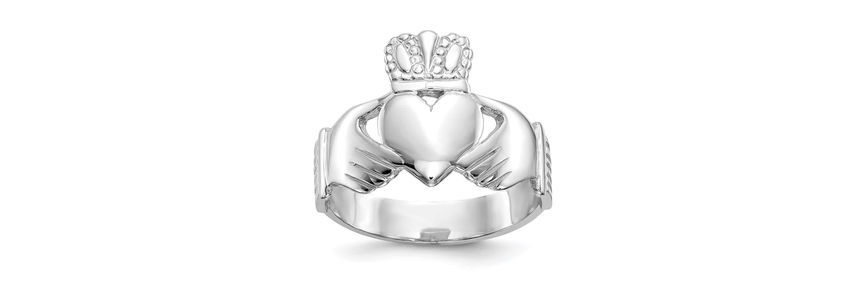 14K White Gold Mens Claddagh Ring
