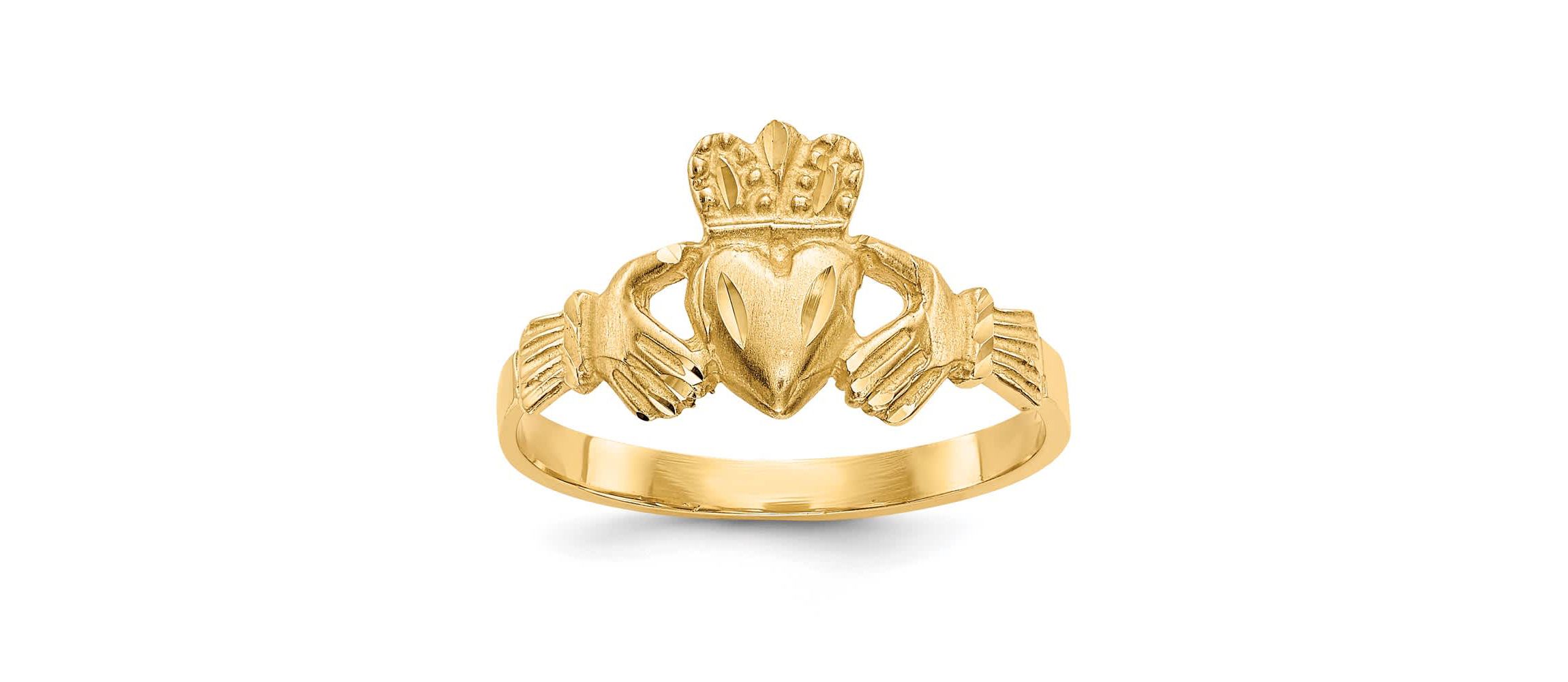 14K Yellow Gold Satin and Diamond-cut Claddagh Ring