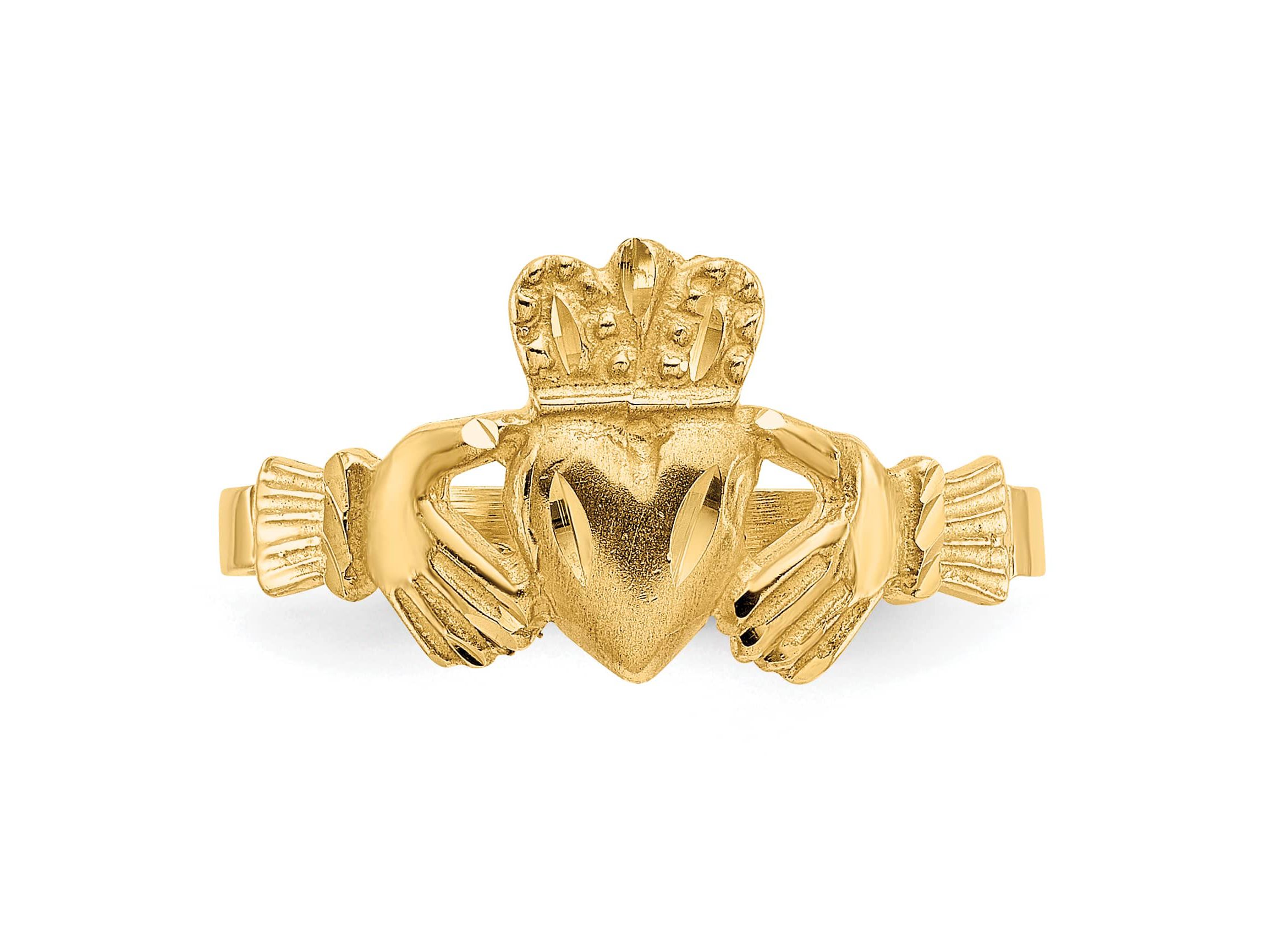 14K Yellow Gold Satin and Diamond-cut Claddagh Ring