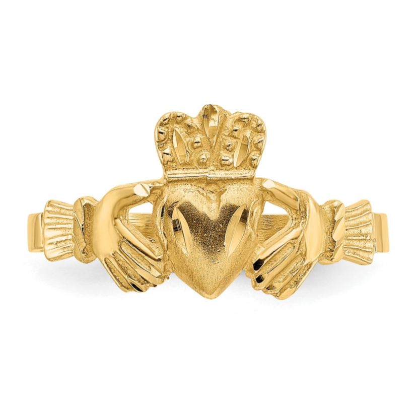 14K Yellow Gold Satin and Diamond-cut Claddagh Ring