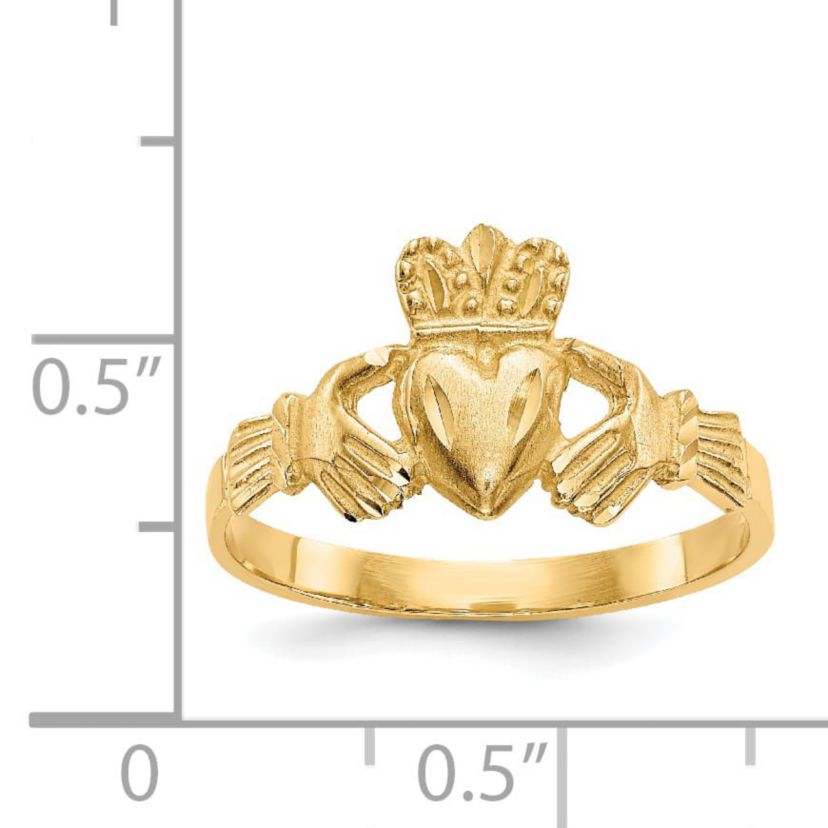 14K Yellow Gold Satin and Diamond-cut Claddagh Ring