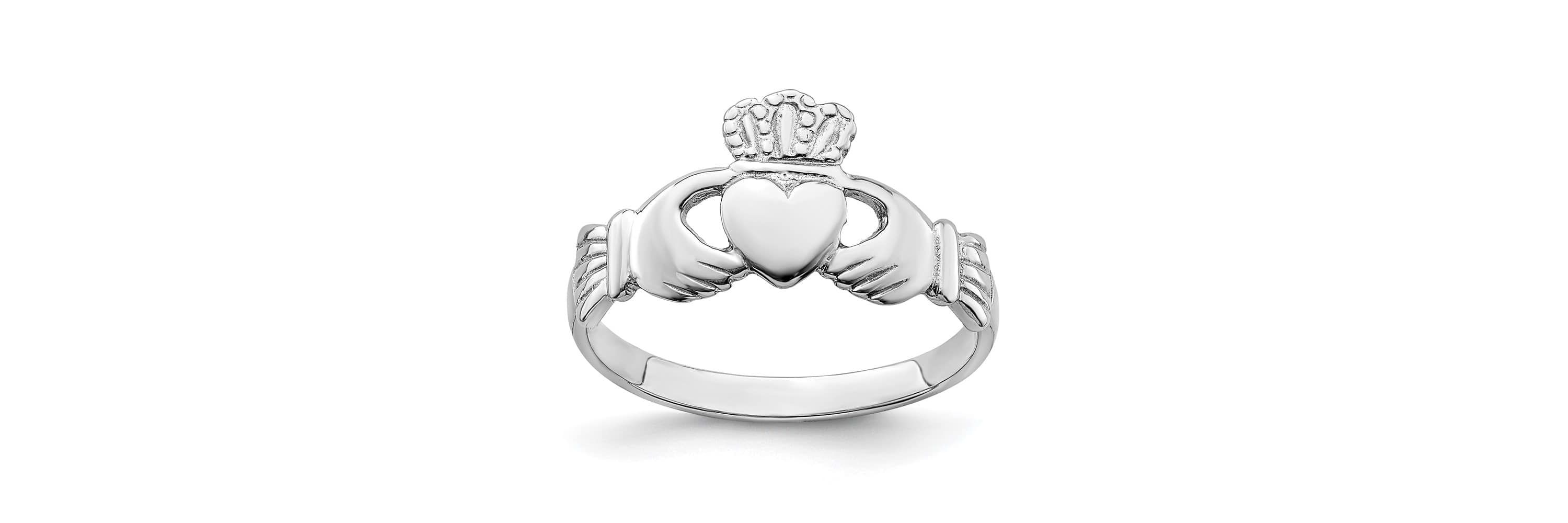 14K White Gold Polished Claddagh Ring