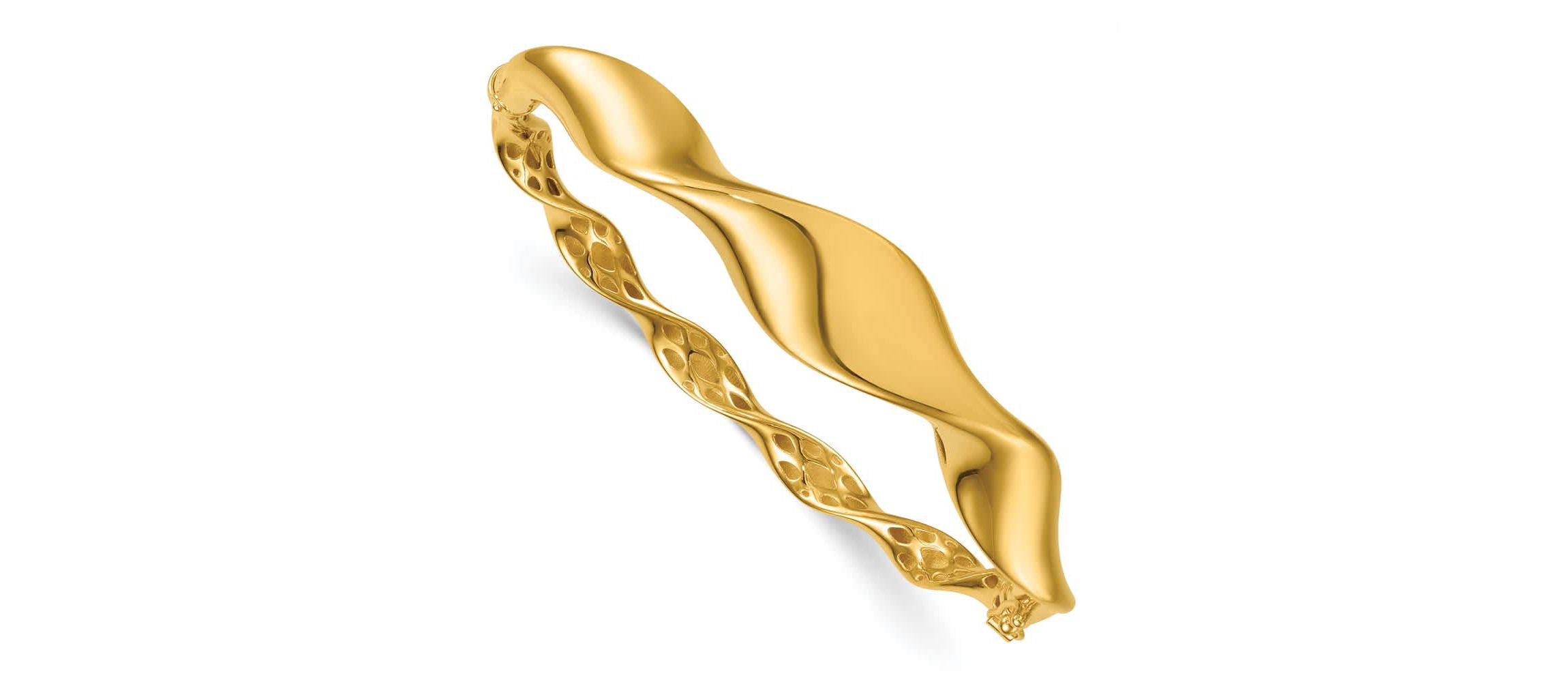 14K Yellow Gold Polished Gradient Wave Hinged with Safety Clasp Bangle