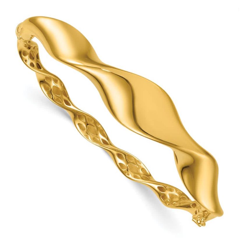 14K Yellow Gold Polished Gradient Wave Hinged with Safety Clasp Bangle