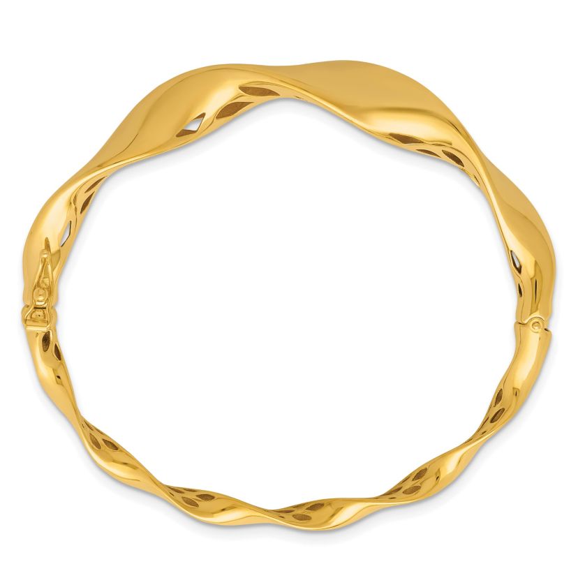 14K Yellow Gold Polished Gradient Wave Hinged with Safety Clasp Bangle