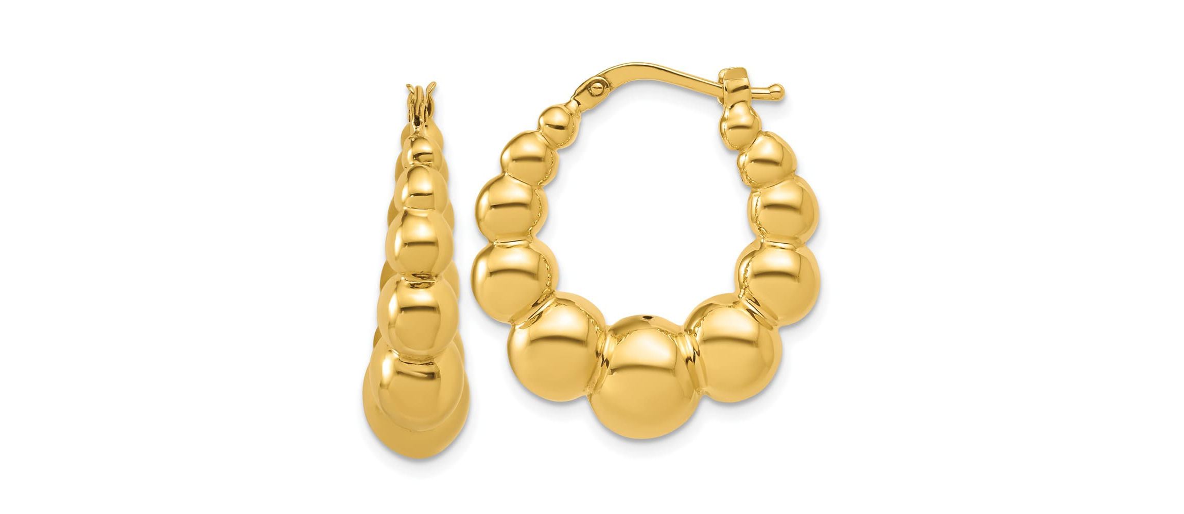 14K Yellow Gold Polished and Beaded Graduated Hollow Hoop Earrings