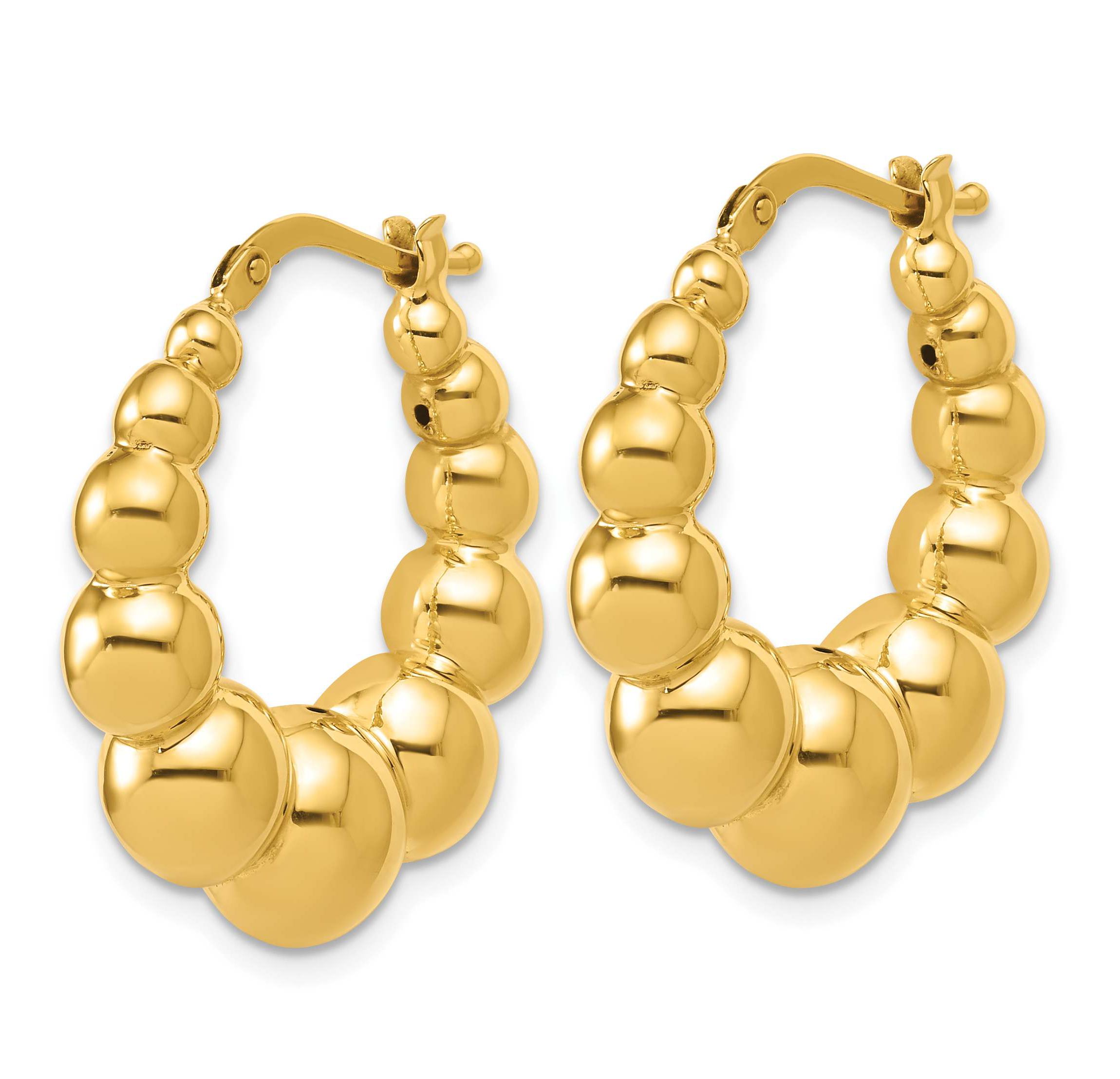 14K Yellow Gold Polished and Beaded Graduated Hollow Hoop Earrings