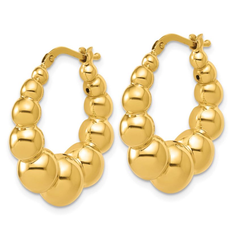 14K Yellow Gold Polished and Beaded Graduated Hollow Hoop Earrings