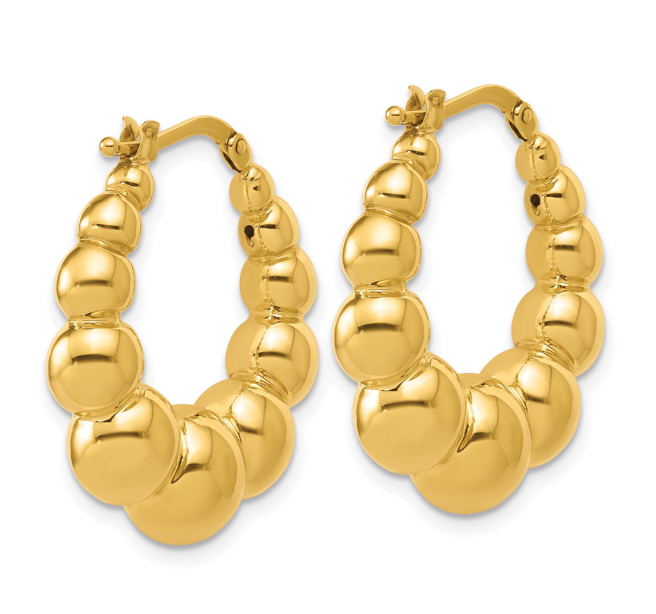14K Yellow Gold Polished and Beaded Graduated Hollow Hoop Earrings