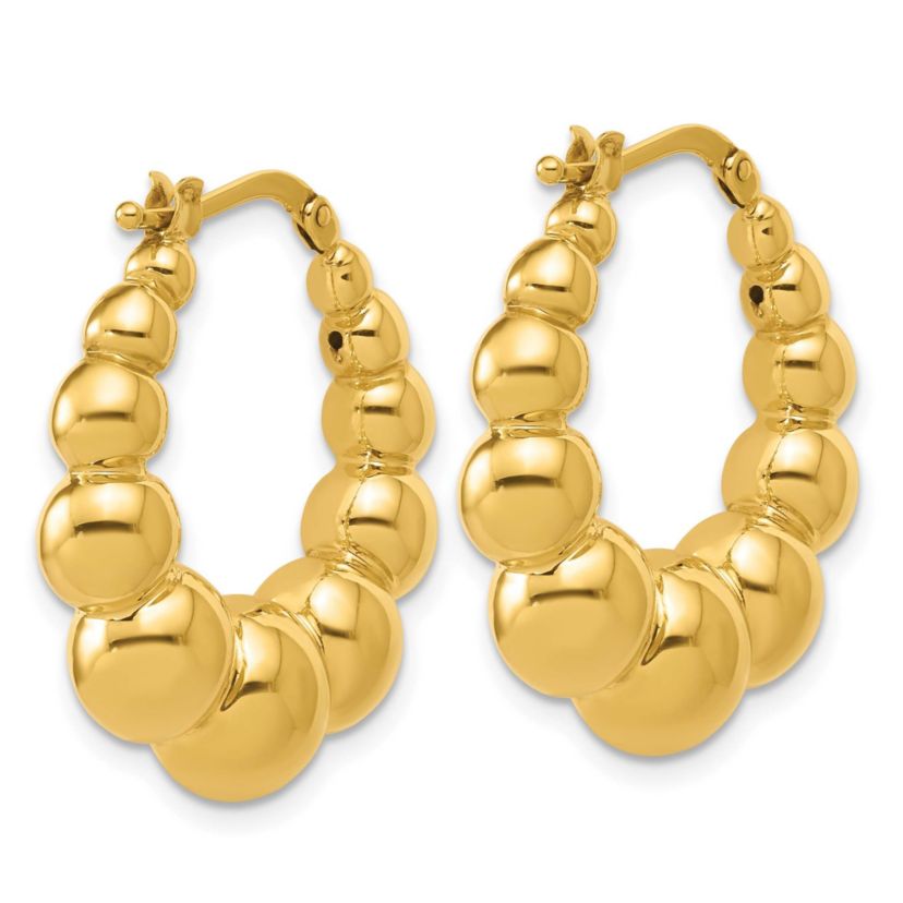 14K Yellow Gold Polished and Beaded Graduated Hollow Hoop Earrings