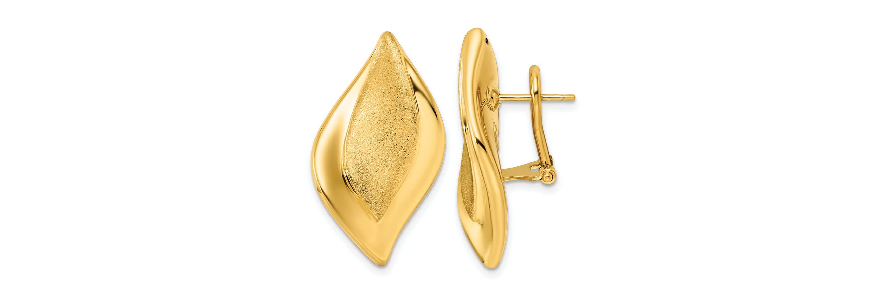 14K Yellow Gold Polished and Satin Waved Leaf Omega Back Earrings