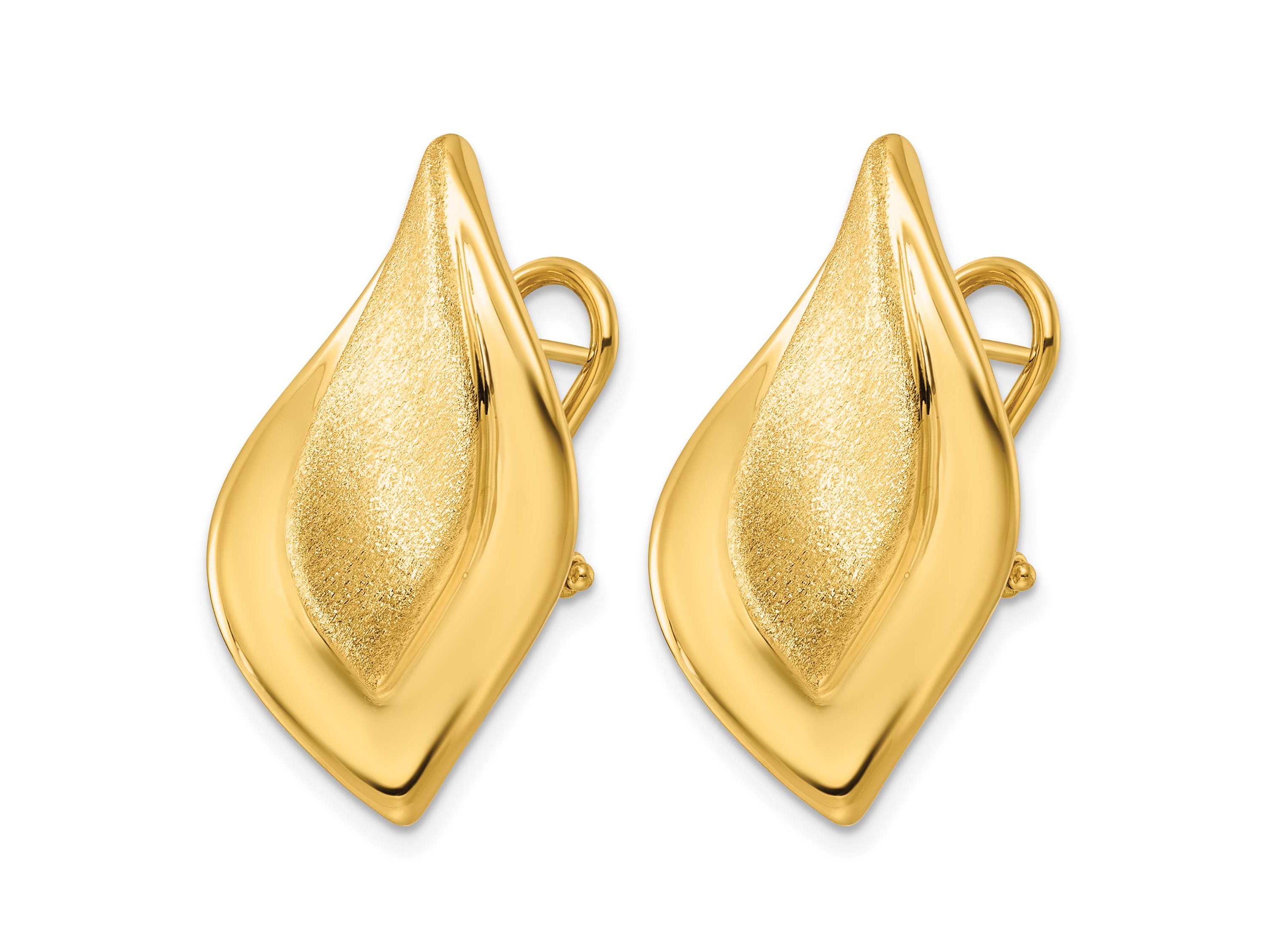 14K Yellow Gold Polished and Satin Waved Leaf Omega Back Earrings