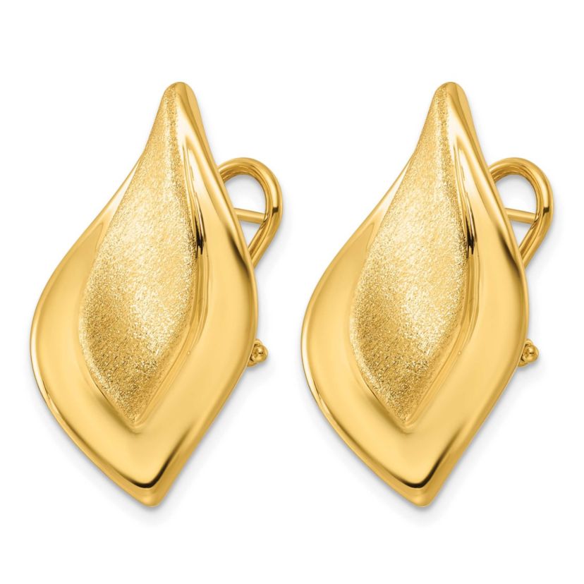 14K Yellow Gold Polished and Satin Waved Leaf Omega Back Earrings