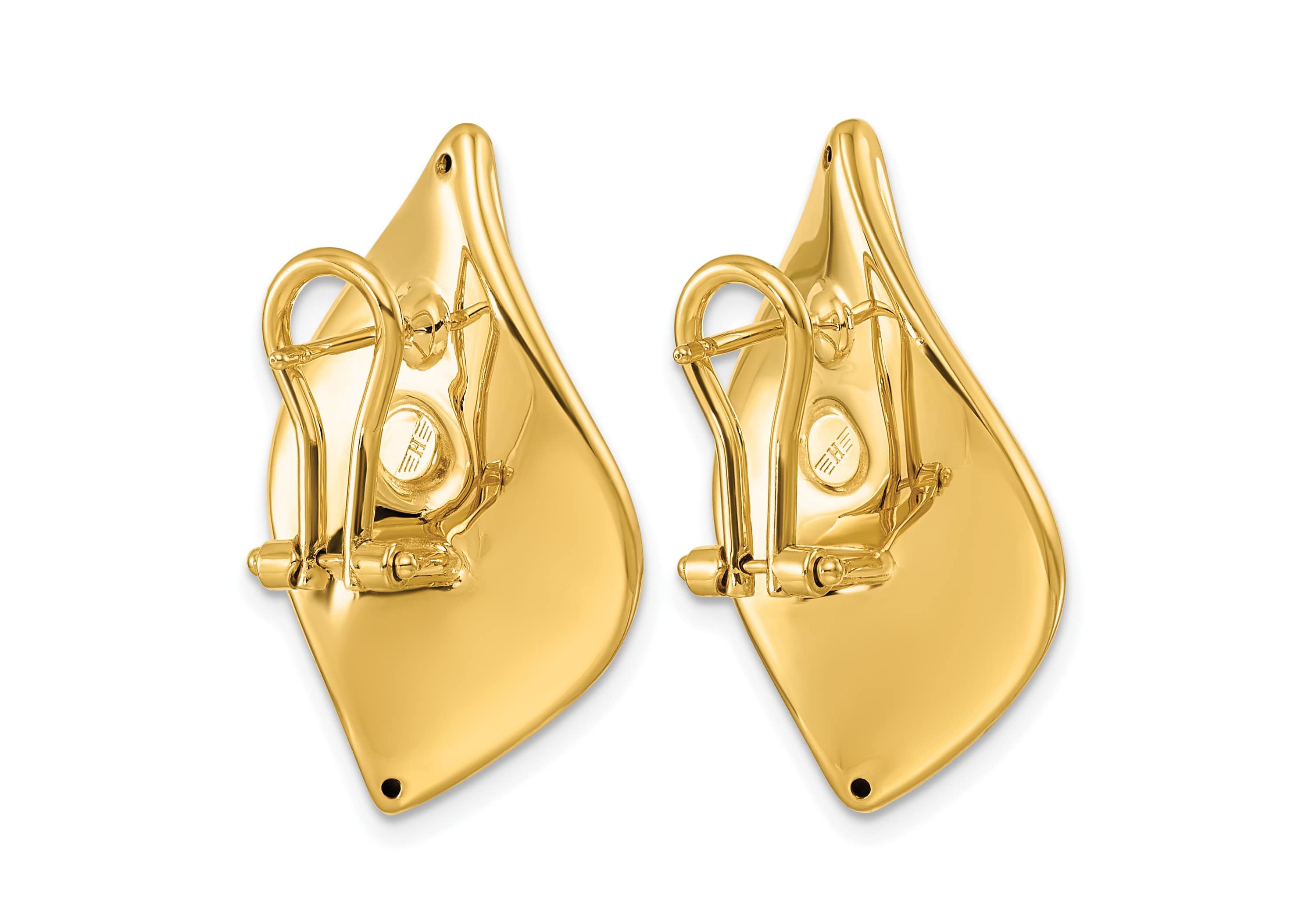 14K Yellow Gold Polished and Satin Waved Leaf Omega Back Earrings