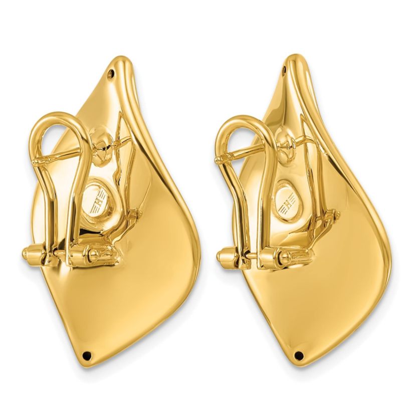14K Yellow Gold Polished and Satin Waved Leaf Omega Back Earrings