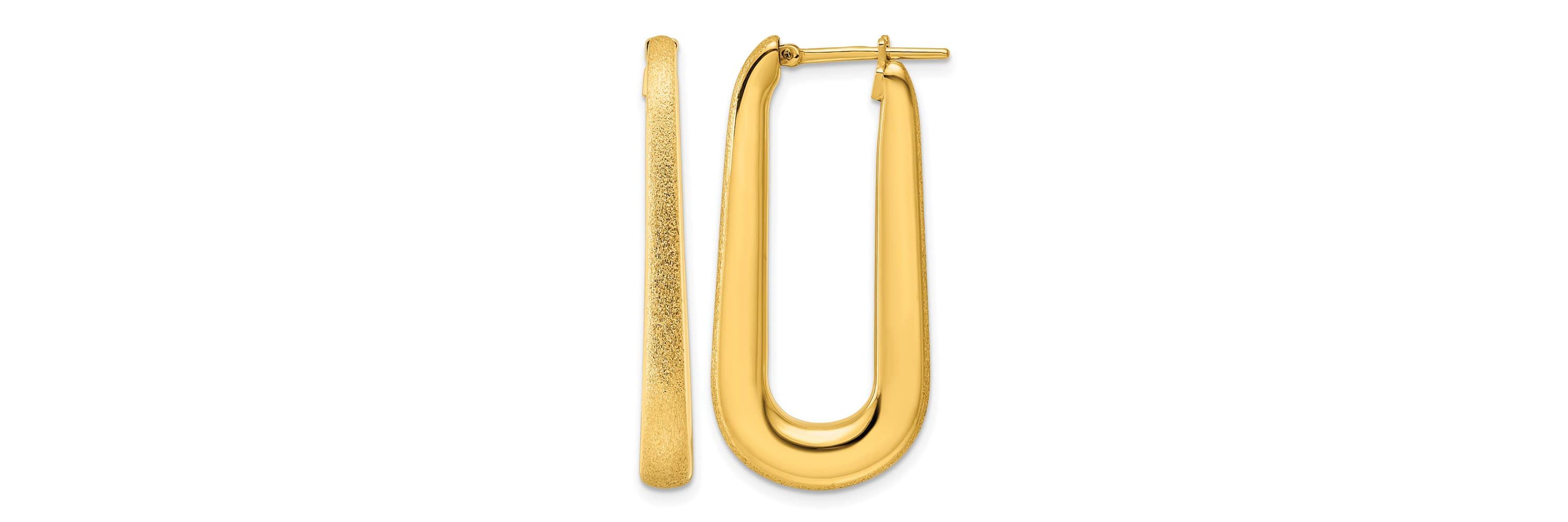 14K Yellow Gold Polished and Satin Tapered Oval Hoop Earrings