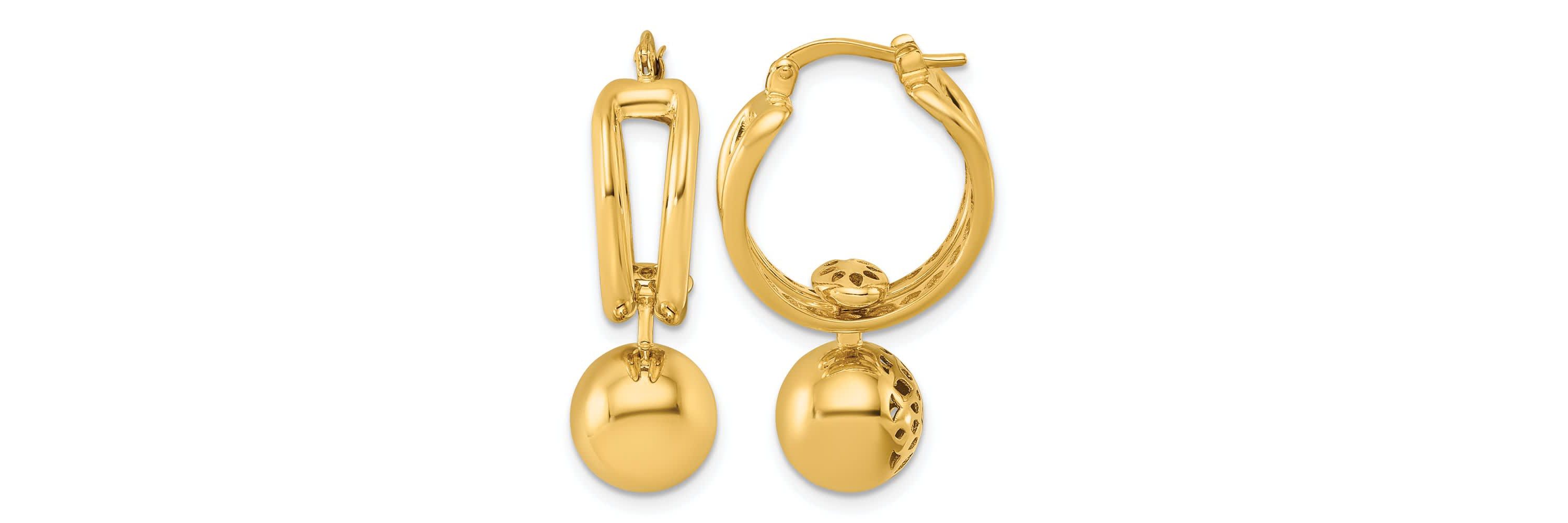14K Yellow Gold Polished Patterned Cutout Movable Ball Dangle Hoop Earrings