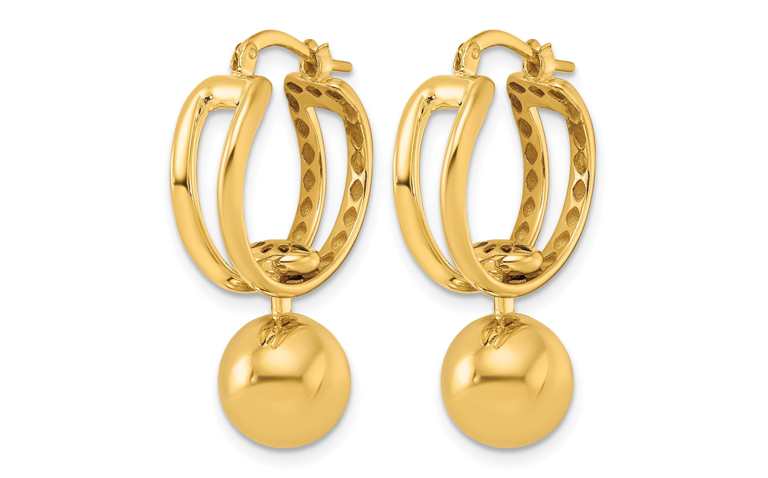 14K Yellow Gold Polished Patterned Cutout Movable Ball Dangle Hoop Earrings