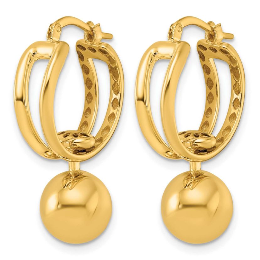 14K Yellow Gold Polished Patterned Cutout Movable Ball Dangle Hoop Earrings