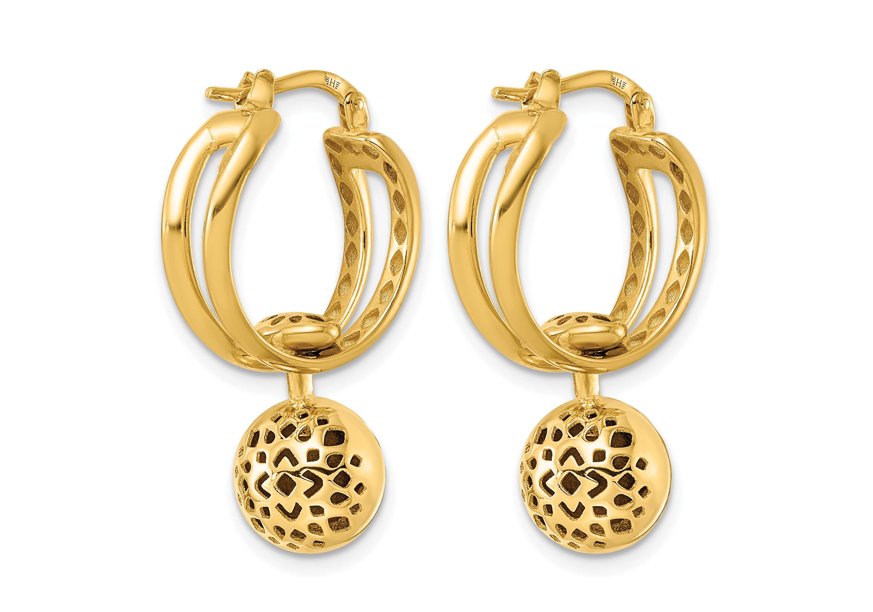 14K Yellow Gold Polished Patterned Cutout Movable Ball Dangle Hoop Earrings
