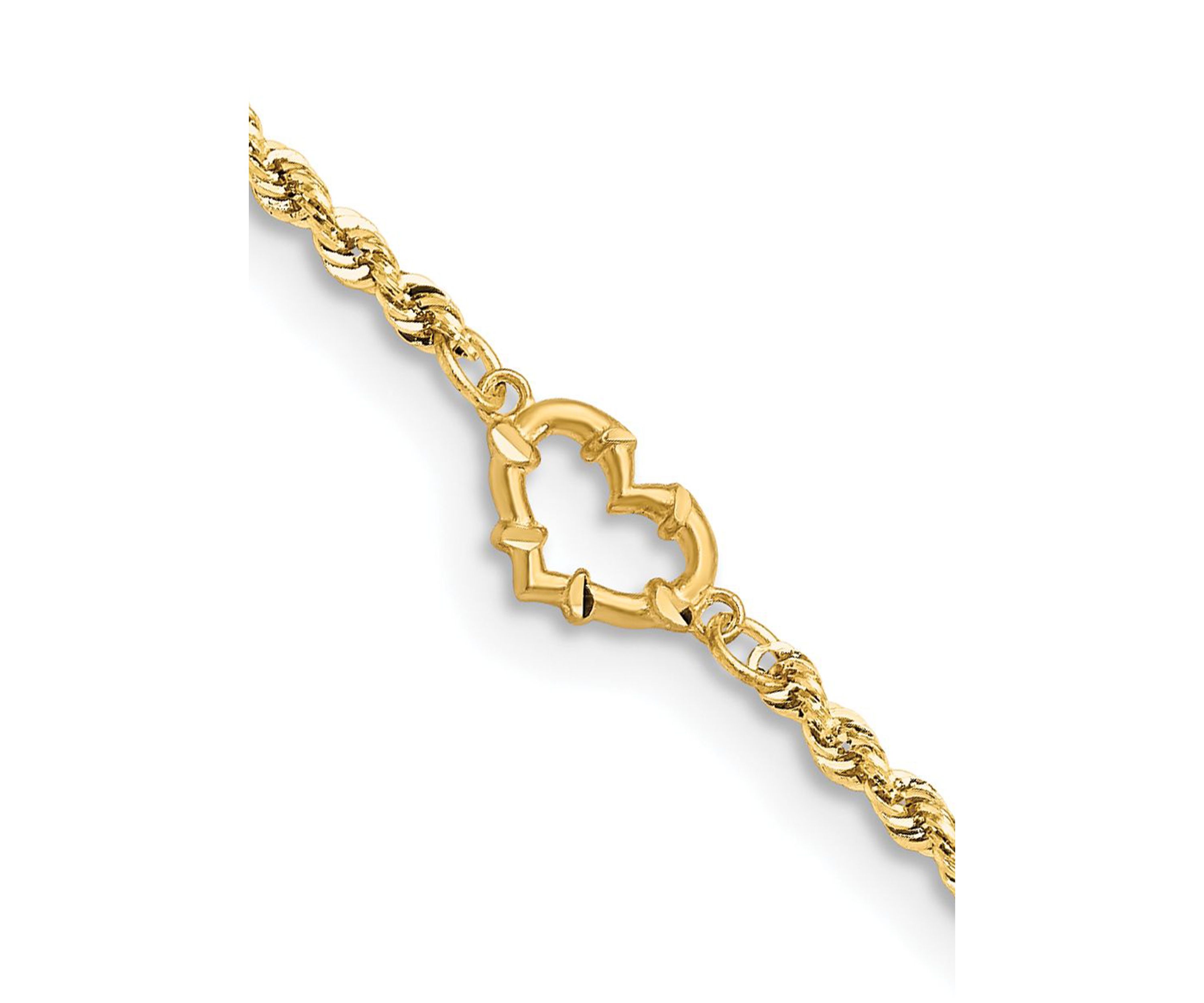 14K Yellow Gold Diamond Cut Open Heart Rope Anklet