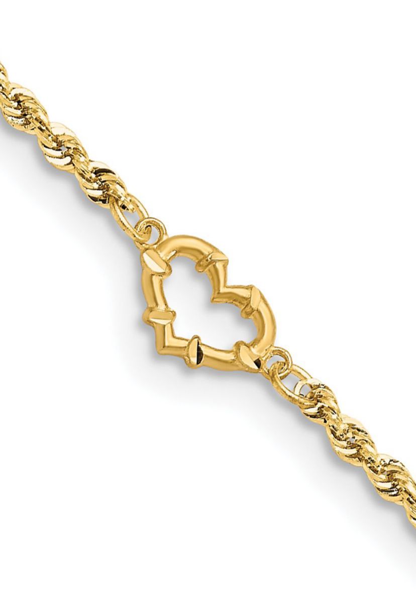 14K Yellow Gold Diamond Cut Open Heart Rope Anklet